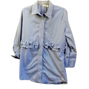 RIPE NEW Ruffle Striped Button Shirt Tunic Top Blouse Oversized Cotton Coastal M